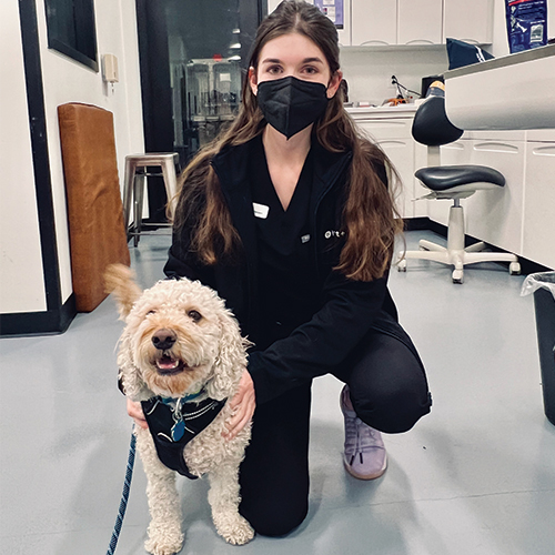 Kacie ( with her dog Goober) at her part-time job as a veterinary technician during per Pre-Health Programs studies.